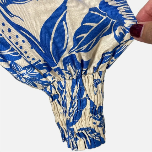 Cabi Athena Button Front Midi Dress Floral Print Puff Shoulder Cream Blue XS - Picture 7 of 13